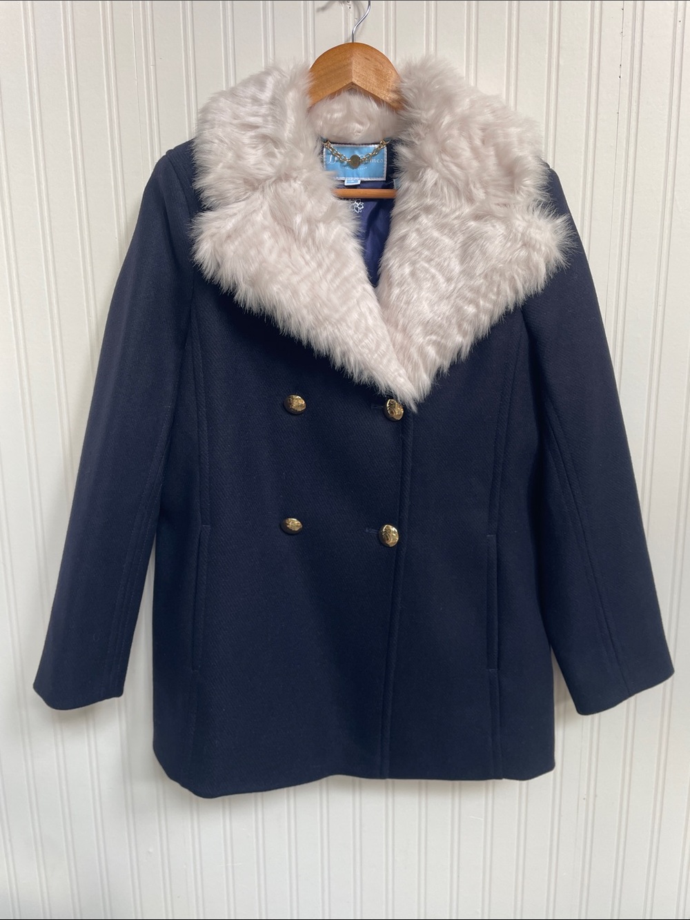 Draper James Navy Double-Breasted Wool Blend Pea Coat with Cream Faux-Fur Collar